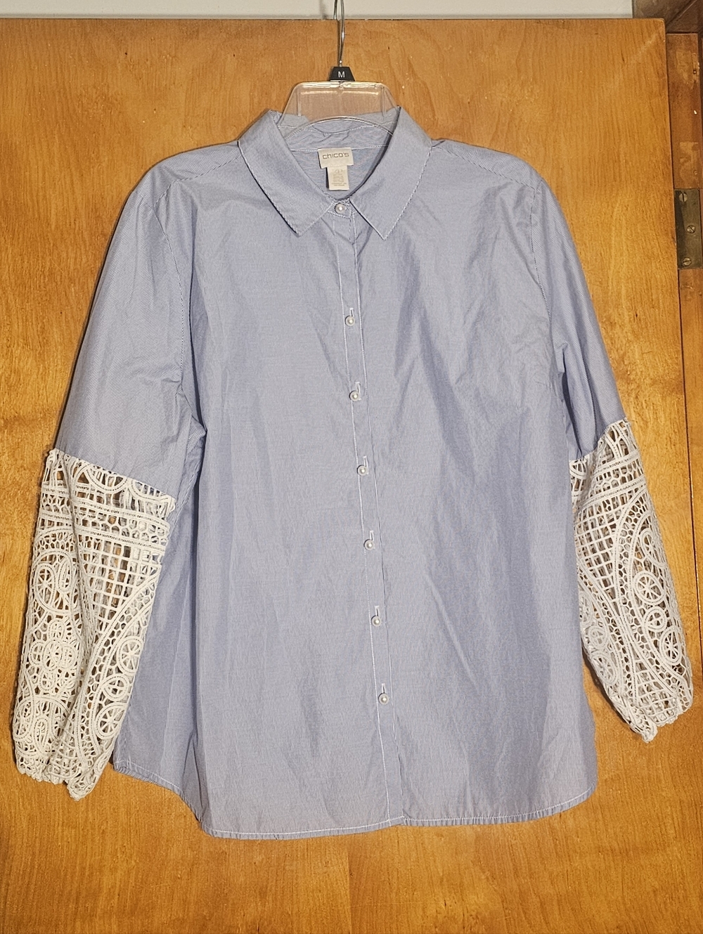 Chico’s Lace Sleeve Button Down Shirt Women’s 3P Blue Striped Pearl Button Top